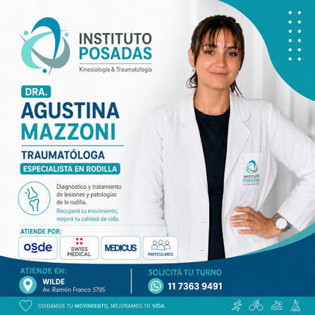Placa de la Dra. Agustina Mazzoni, traumatóloga especialista en rodilla, que atiende en la sede Wilde
