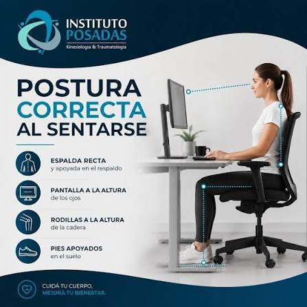 Placa con consejos de postura correcta al sentarse frente a la computadora